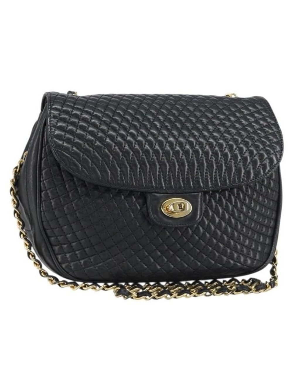 Authentic BALLY Chain Shoulder Bag Leather Black Gold